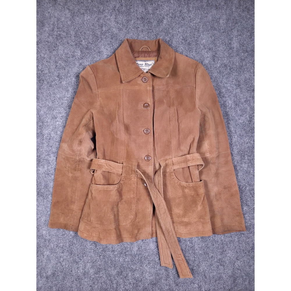 Paris Blues Leather Suede Jacket Womens Medium Tan Brown Belted Button Front